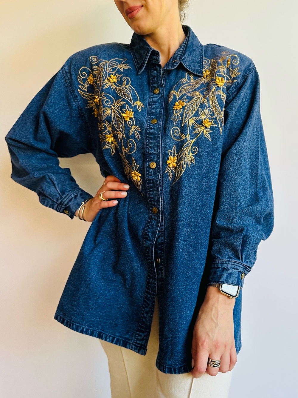 Vintage Coqueta Embroidered Denim Button Front Western Shirt Floral Oversized